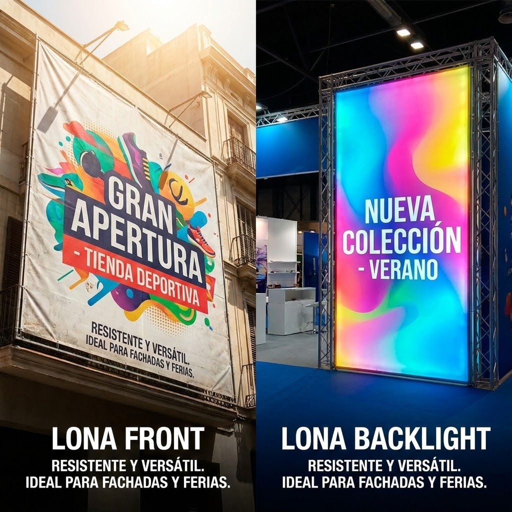 Lona publicitaria instalada en fachada